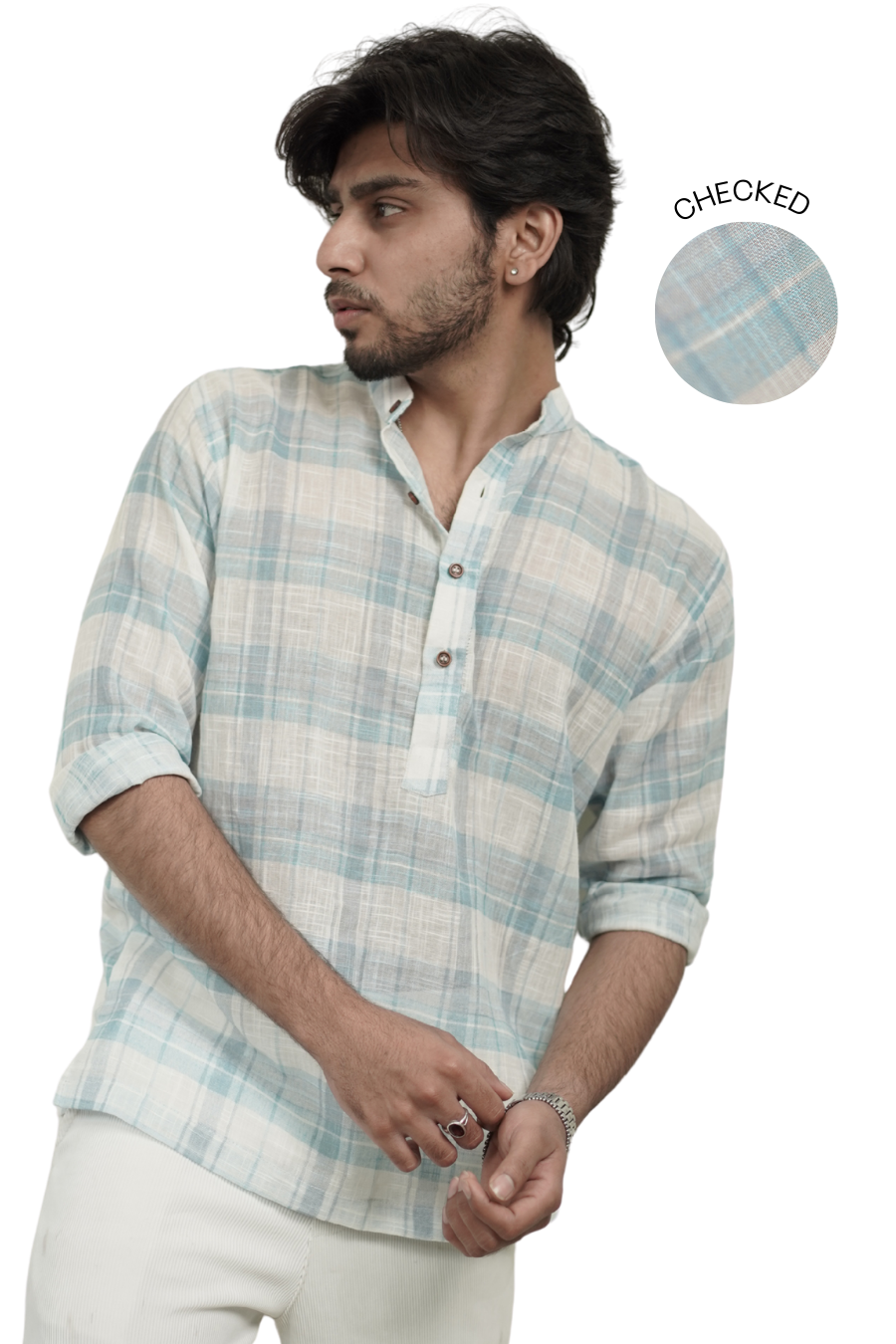 Light Blue Checked Linen Short Kurta Shirt
