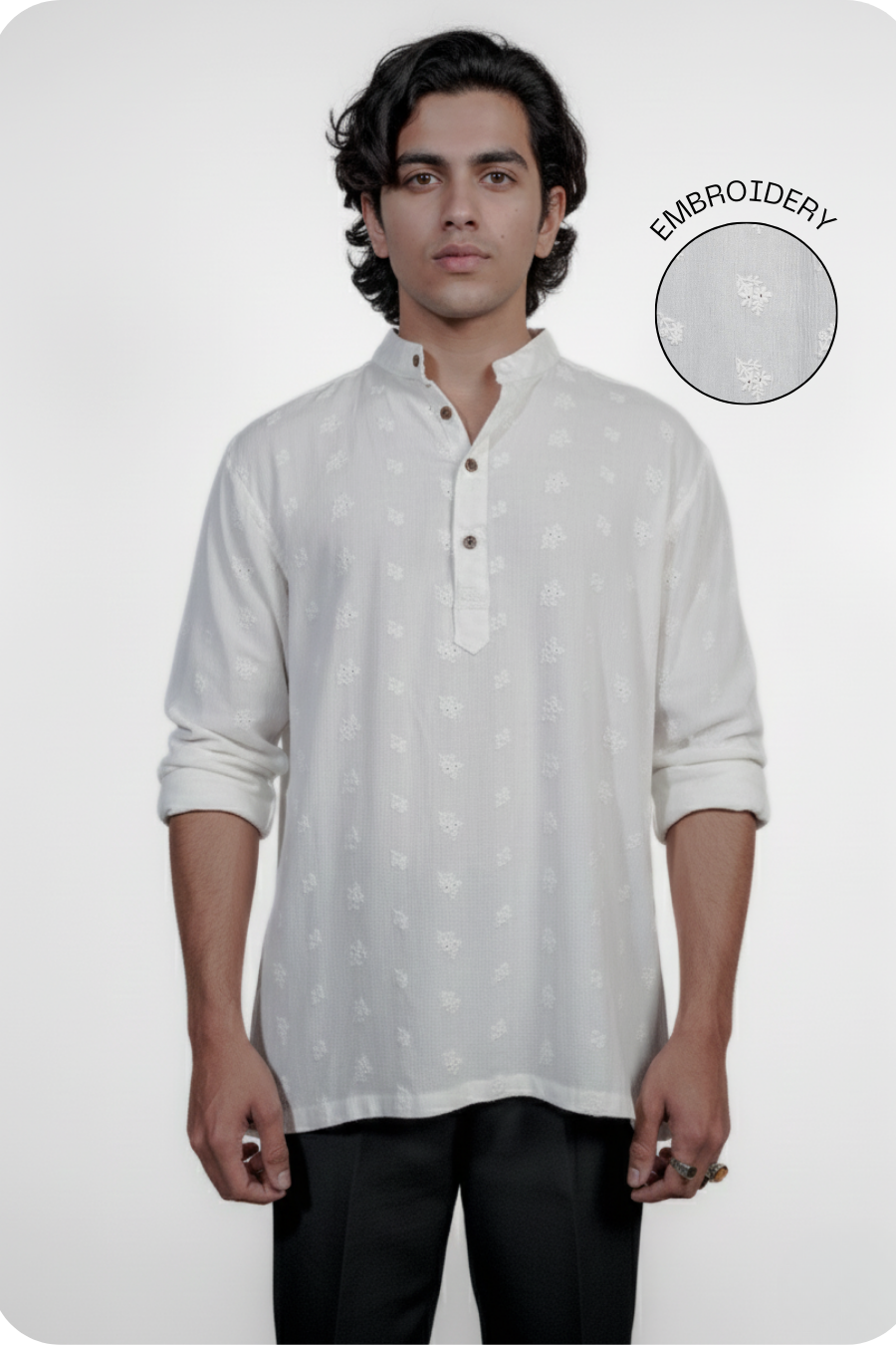 Men’s White Embroidered Short Kurta Shirt
