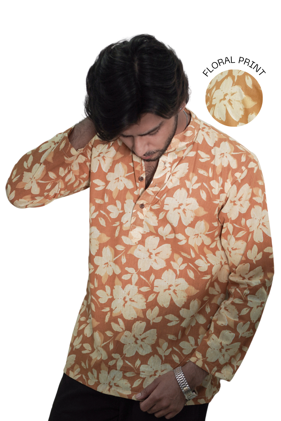 Men's Mustard Yellow Floral Printed Short Kurta Shirt