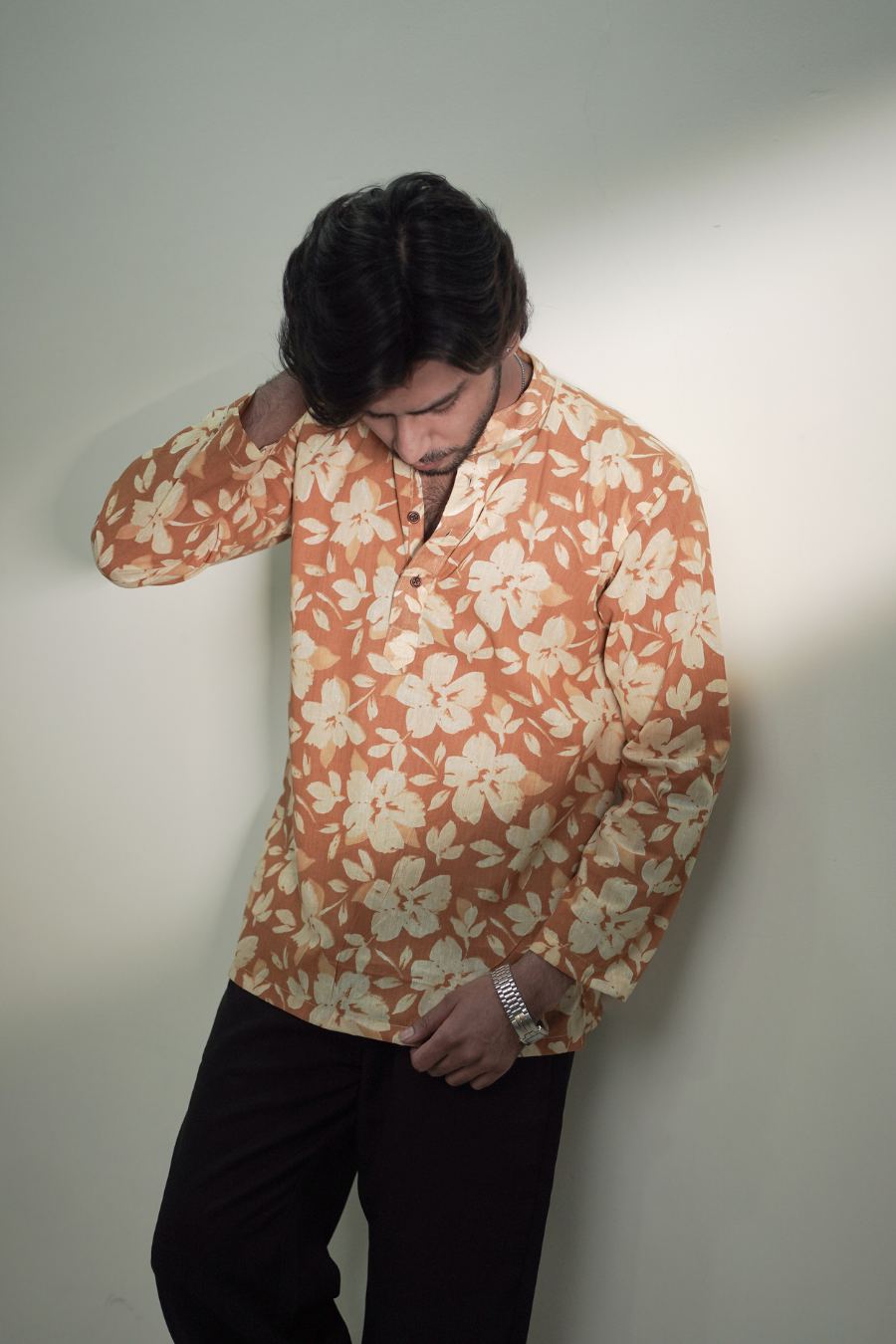 Men’s Moss Green Floral Printed Short Kurta Shirt