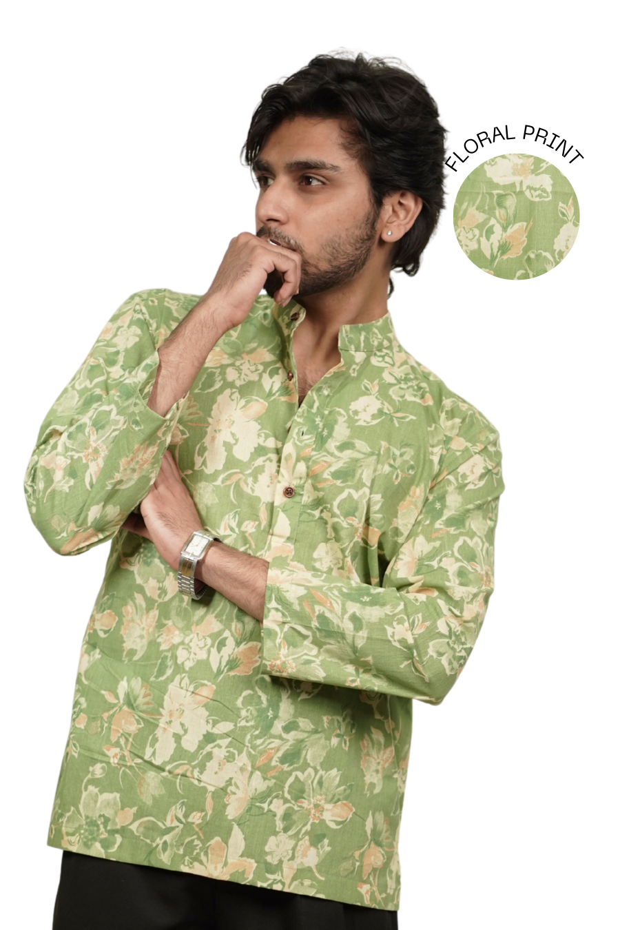Men’s Moss Green Floral Printed Short Kurta Shirt
