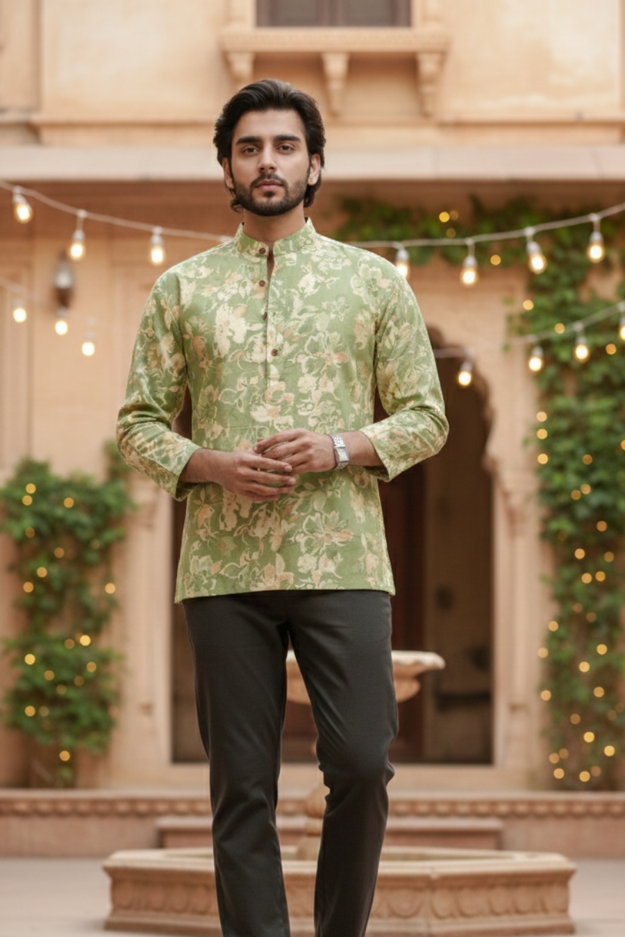 Men’s Moss Green Floral Printed Short Kurta Shirt