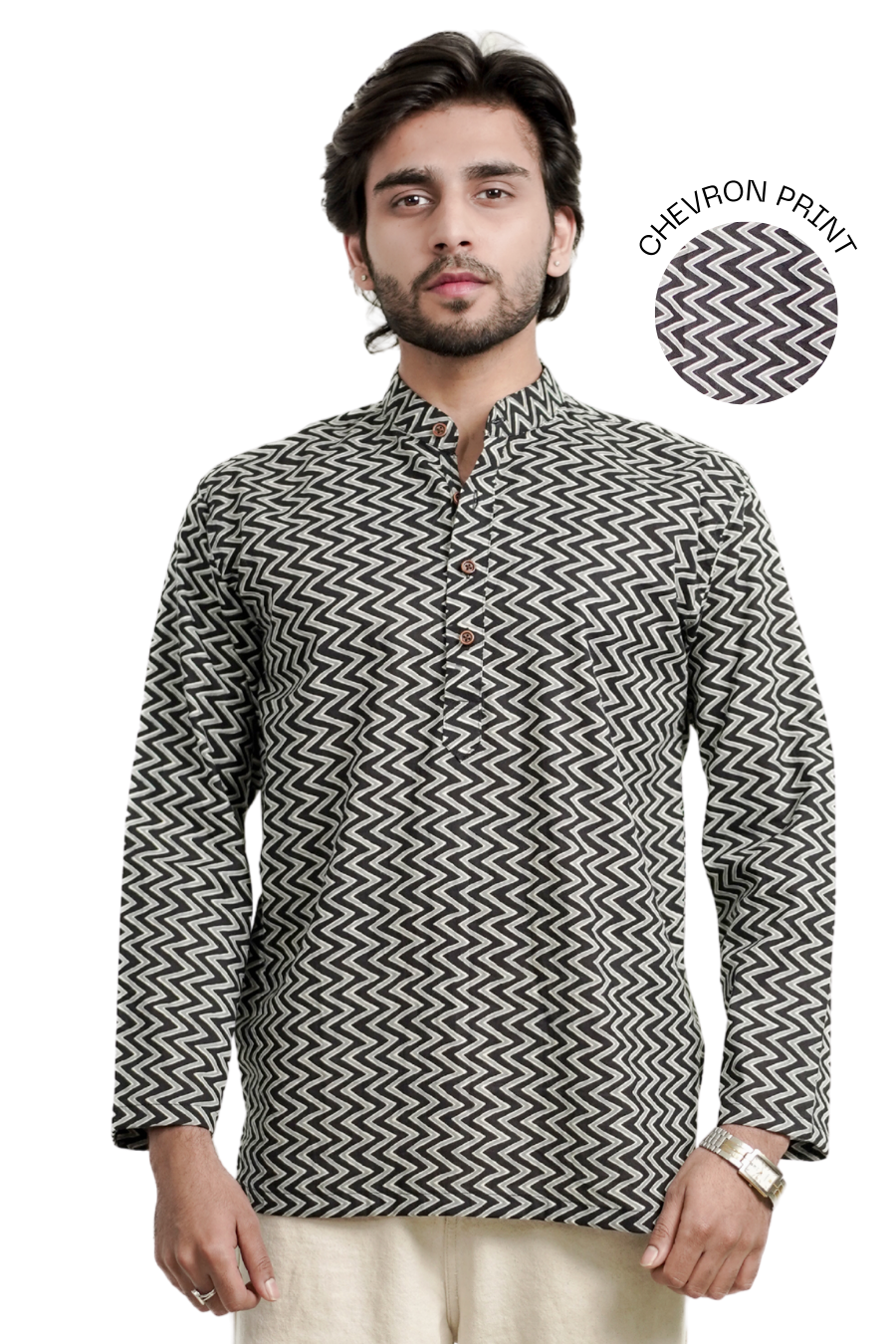 Men’s Black & Grey Chevron Printed Short Kurta Shirt