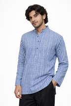 Men’s Blue & White Striped Short Kurta Shirt