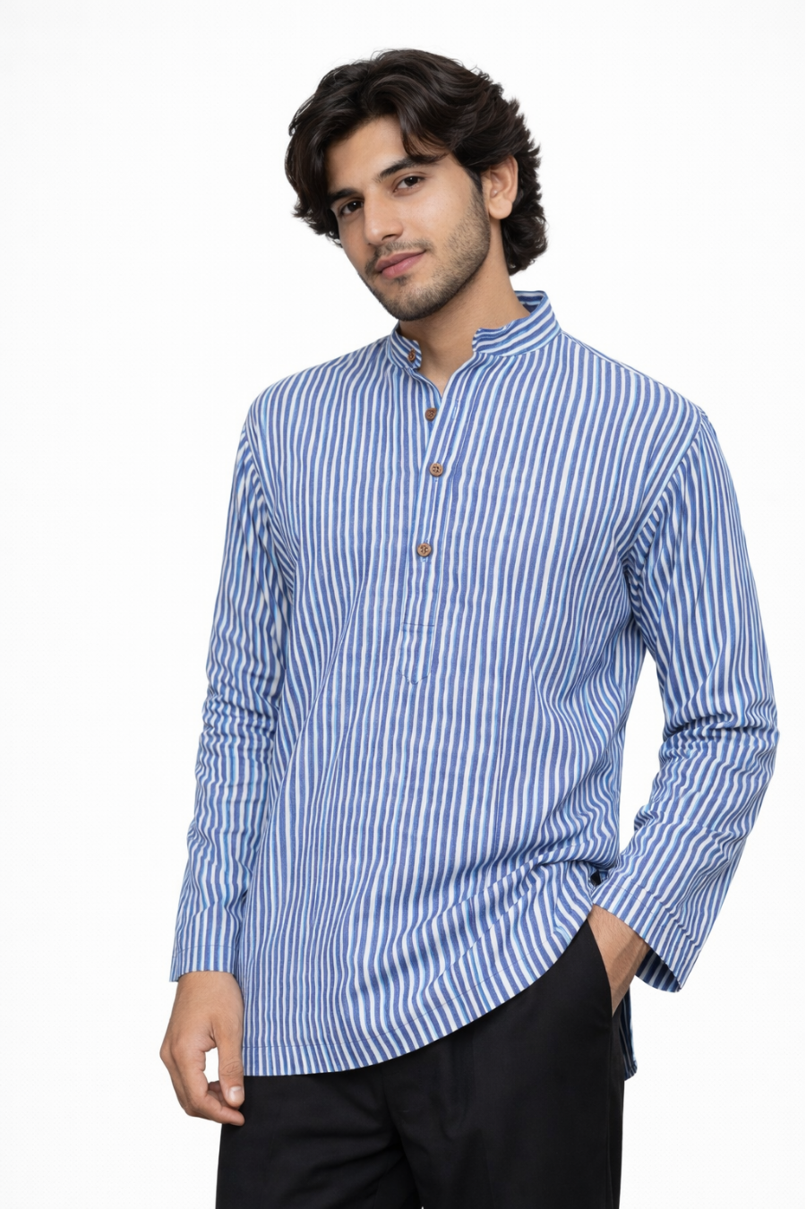 Men’s Blue & White Striped Short Kurta Shirt