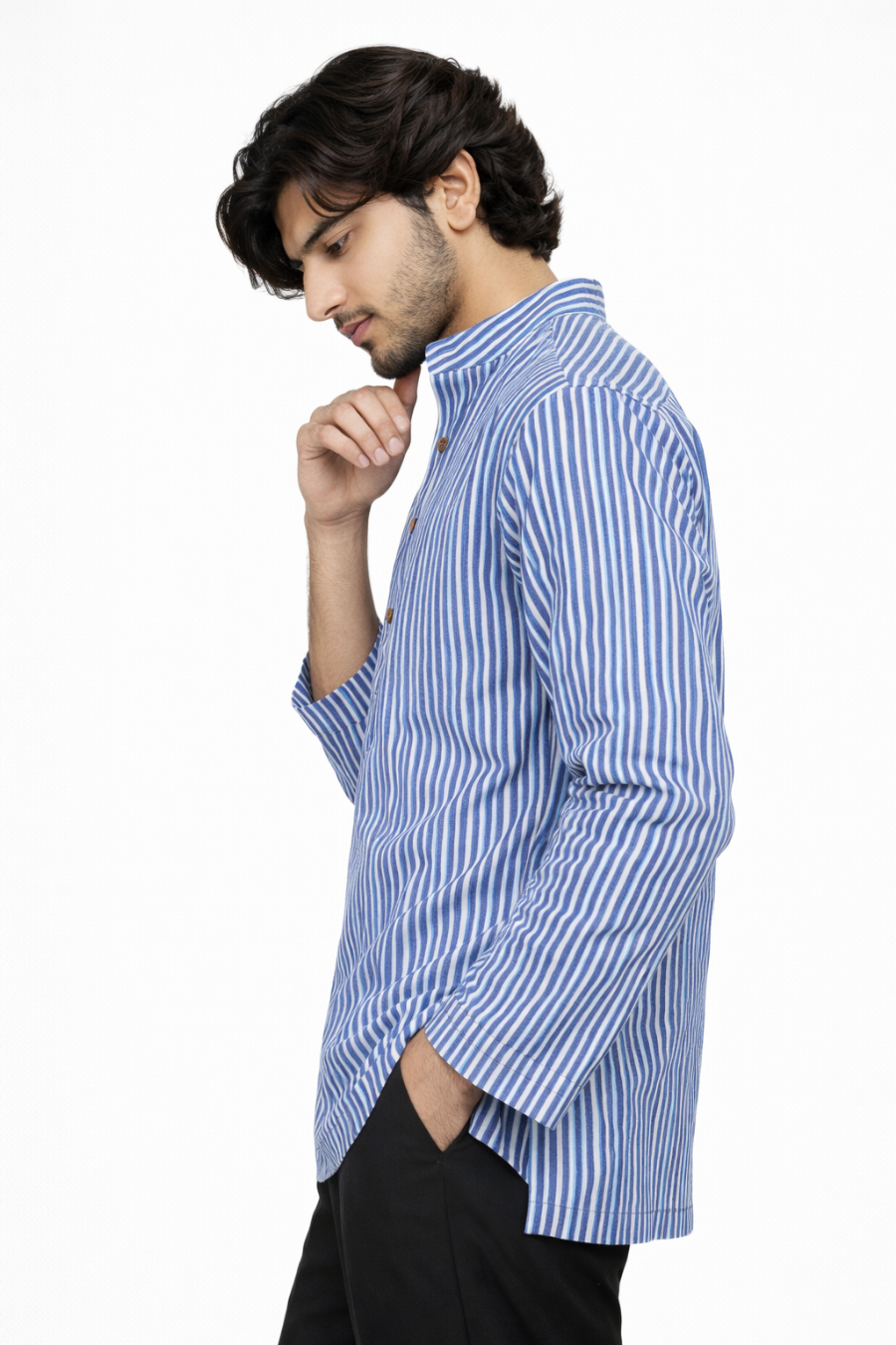 Men’s Blue & White Striped Short Kurta Shirt