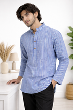 Men’s Blue & White Striped Short Kurta Shirt