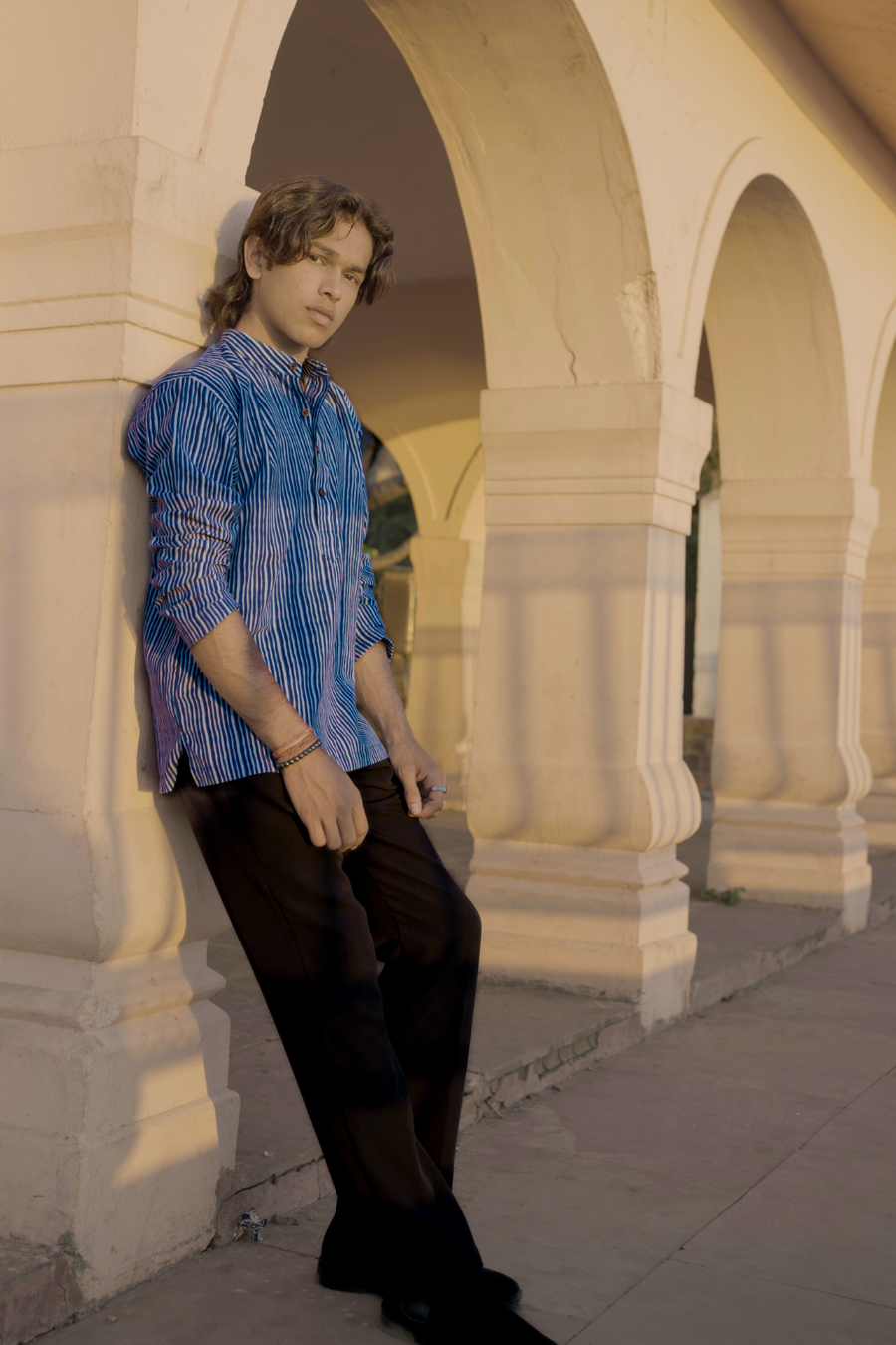 Men’s Blue & White Striped Short Kurta Shirt