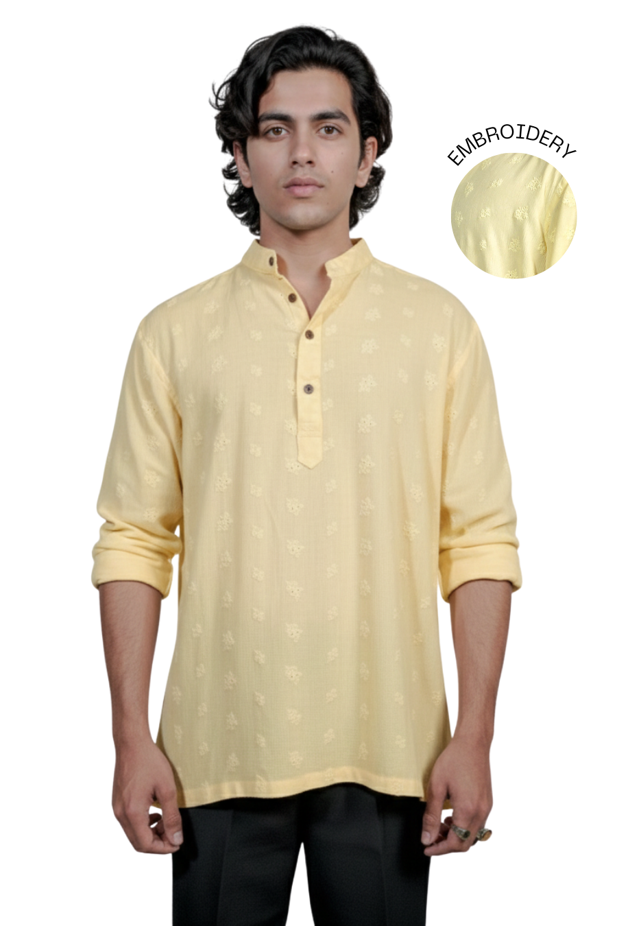 Men’s yellow Embroidered Short Kurta Shirt
