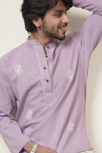 Men’s Lavender Paisley Embroidered Linen Short Kurta Shirt