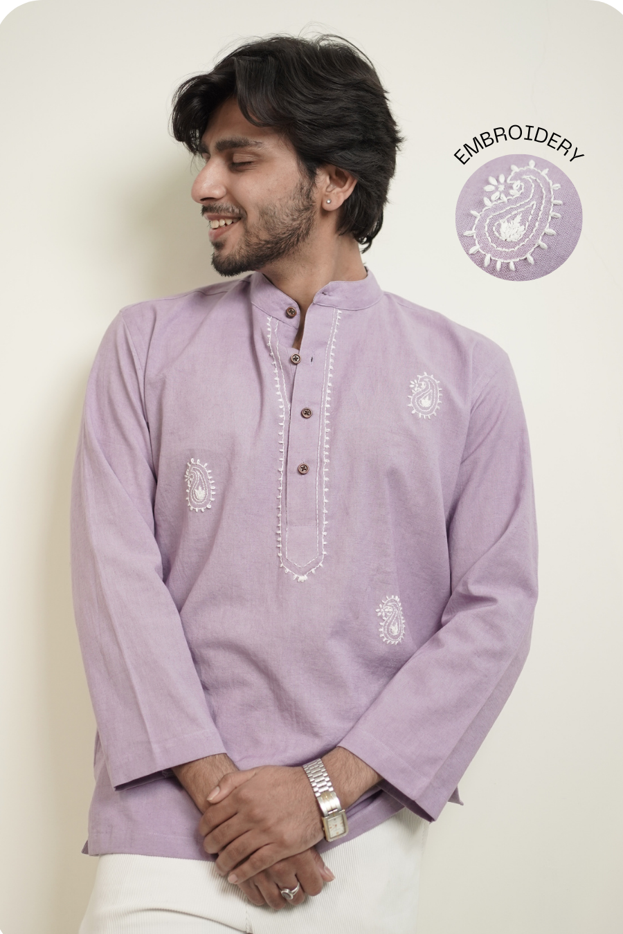 Men’s Lavender Paisley Embroidered Linen Short Kurta Shirt