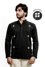 Men’s Black Statement Embroidered Linen Short Kurta Shirt