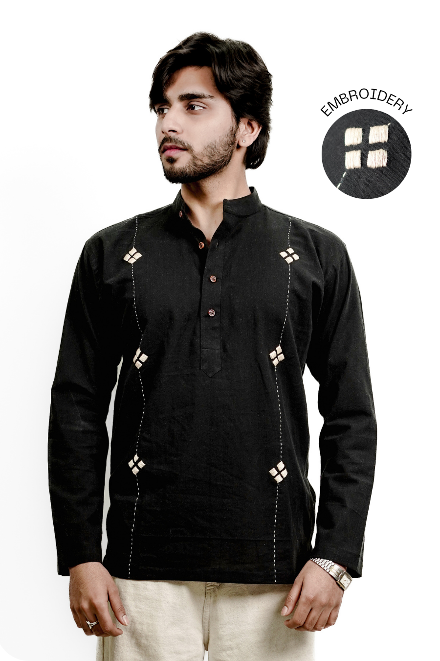 Men’s Black Statement Embroidered Linen Short Kurta Shirt