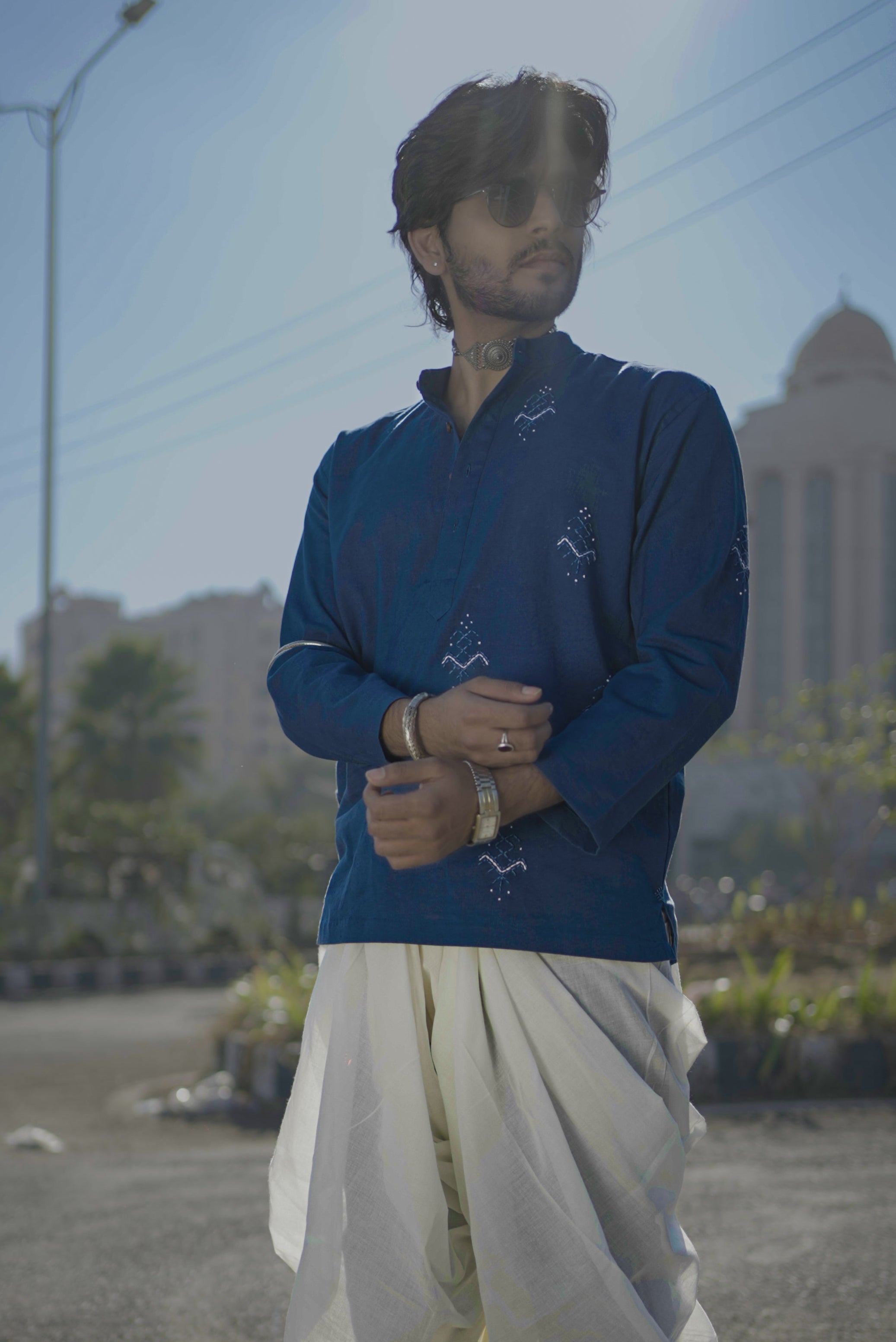 Men’s Blue Embroidered Linen Short Kurta Shirt
