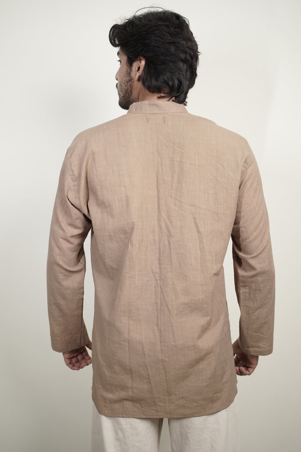 Men’s Earthy Brown Embroidered Linen Short Kurta Shirt