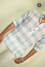 Light Blue Checked Linen Short Kurta Shirt
